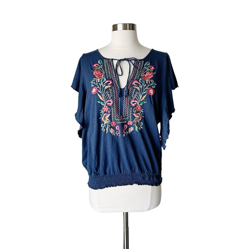 Ranna Gill Enesta Top M Blue Embroidery Floral Flutter Sleeve Boho Anthropologie